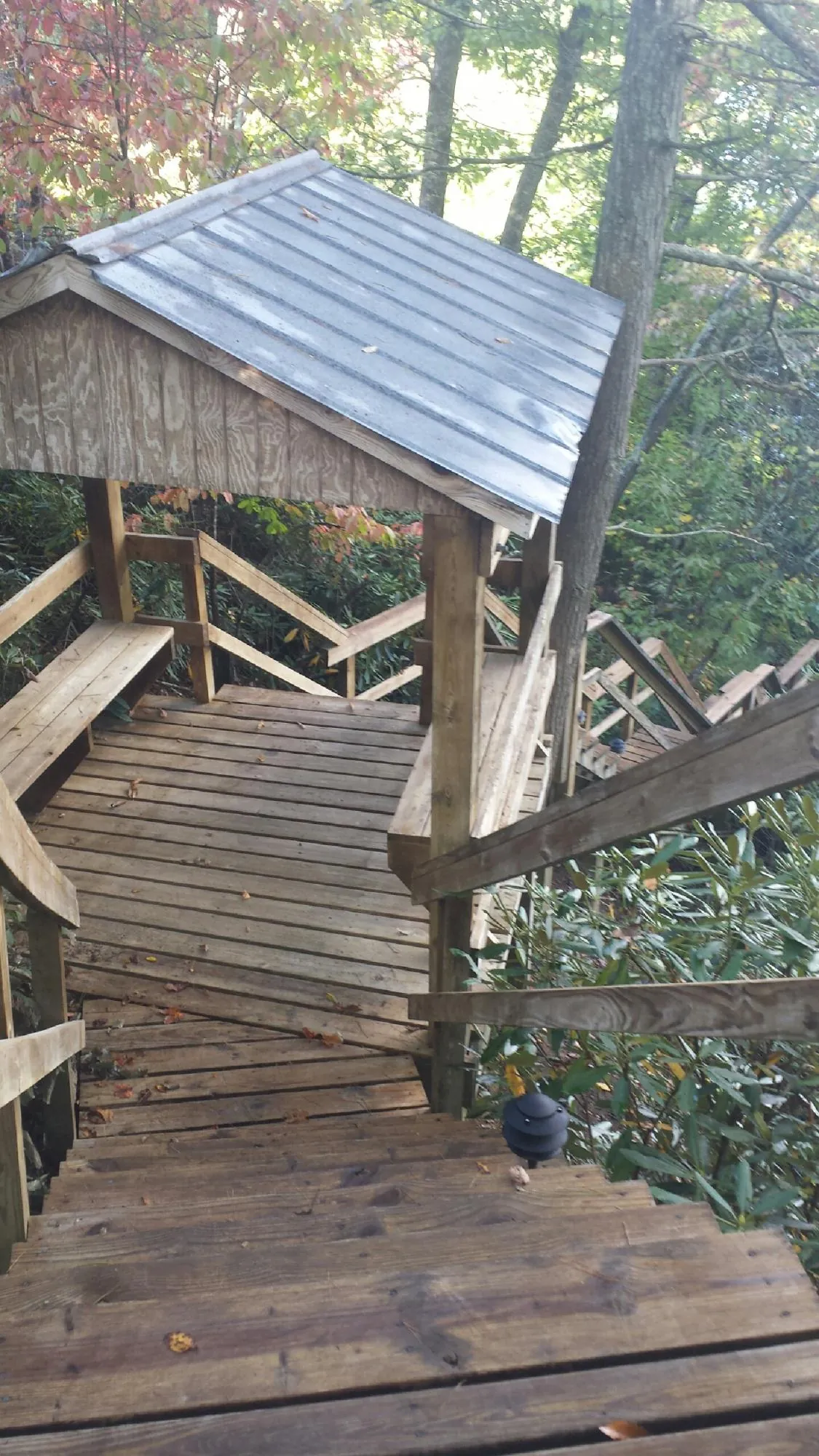 Metal roofed shelter over wooden steps on a wooded walkway — Skylight Repair & Installation work by our crew in Ossian